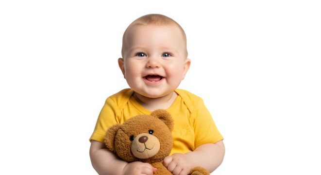 Little baby happily seated on the floor with a cuddly toy