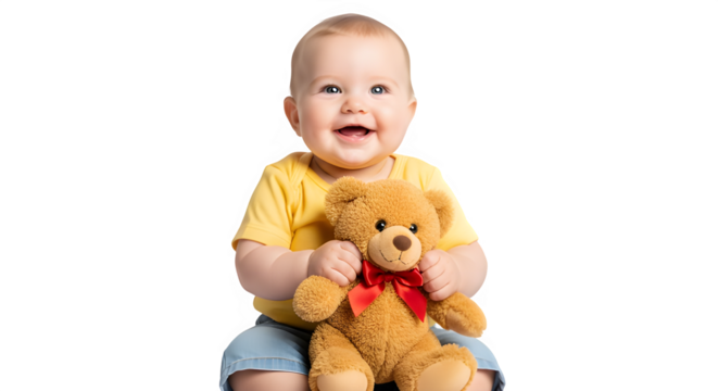 A cheerful baby explores the floor with a cuddly teddy bear