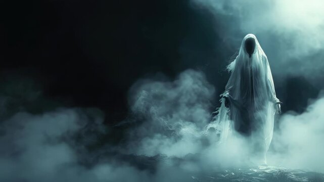 Eerie figure shrouded in ghostly white cloak amidst swirling mist dark, moody setting