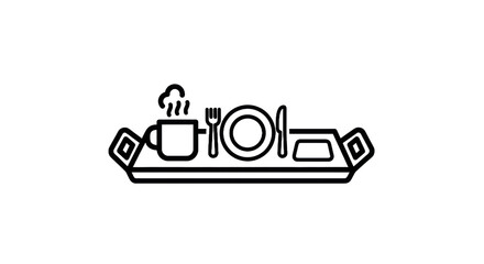 Minimalist outline of a breakfast tray with coffee cup and cutlery on transparent background