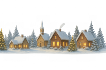 Snowy christmas village scene with houses, church, and decorated trees creating a festive winter holiday atmosphere