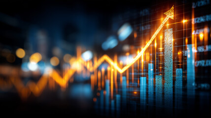 Abstract financial graph with an upward arrow representing success, growth strategy and long term performance.
