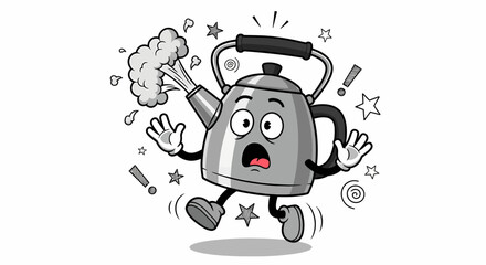 Cartoon kettle character shocked by broccoli expressing surprise and fear.