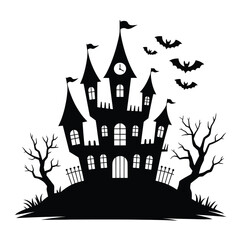 Spooky halloween haunted castle silhouette with bats and dead trees