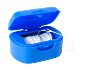 Open Blue Dental Floss Case with Thread Visible, Angled Perspective, isolated on white background PNG