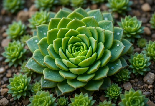 Close-up view of vibrant green succulent plants with water droplets arranged in natural rosette