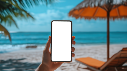 Hand Holding Smartphone with Transparent Screen at the Beach, Realistic Summer Concept