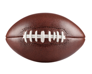 Close-up of a brown American football.  Stitched leather ball, centered, against black background