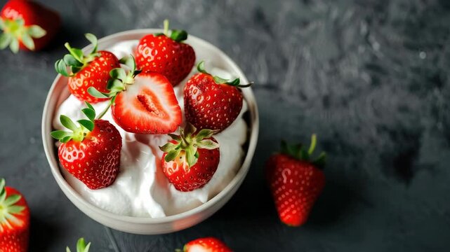 Bowl of yogurt with whole and halved strawberries on dark surface