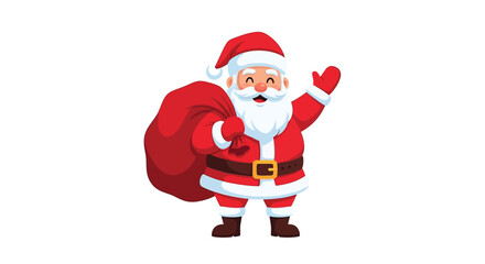 Fototapeta premium Cartoon Santa Claus waving with a red sack over his shoulder, isolated on white.