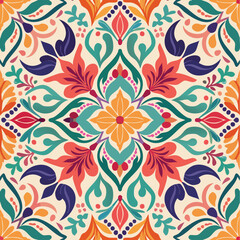 Intricate Symmetrical Floral Pattern With Bright Orange Teal Pink Purple And Cream On Light Background