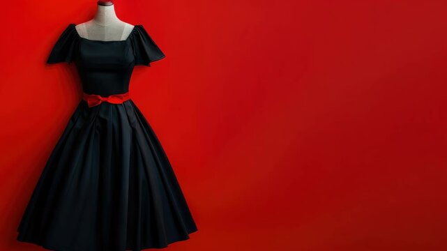 Black elegant dress on mannequin against red background