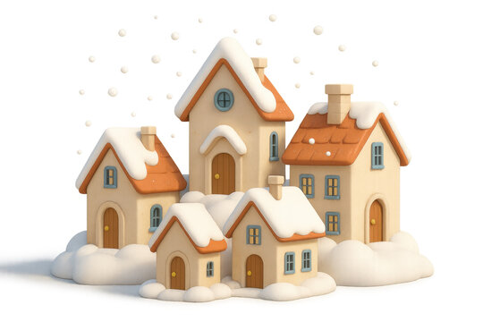 Winter village scene with cute houses covered in snow, falling snowflakes, and holiday atmosphere on transparent background