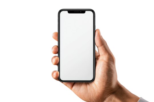 Hand holding a black smartphone with blank screen