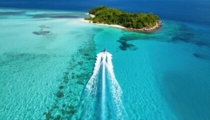 Tropical Atoll Island Paradise with Speedboat Exploring Turquoise Waters and Lush Greenery Under Bright Sunlight