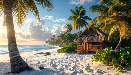 Obraz premium Tropical Beach Paradise At Golden Hour With Palm Trees Framing Ocean View And Thatched Hut On White Sand Shore