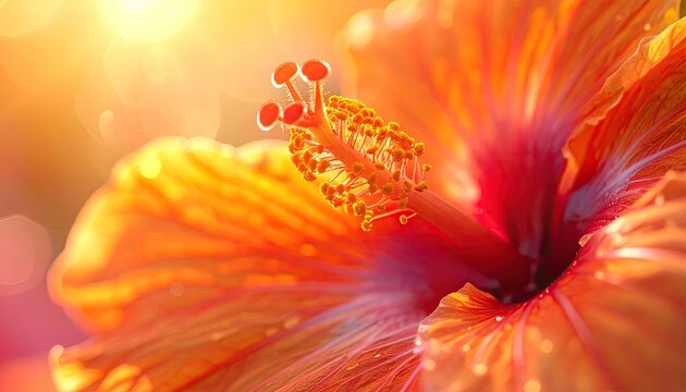 Close up of a vibrant orange hibiscus flower with dew drops and golden sunlight creating a warm bokeh effect a beautiful tropical bloom detailed and glowing