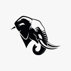 A powerful black and white graphic illustration of an elephant head in profile, featuring prominent tusks and a curled trunk.