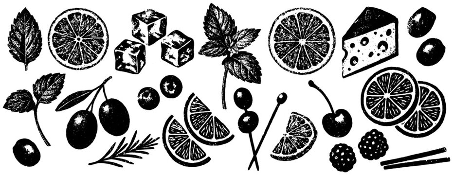 Vintage fruits and garnish set, xerography halftone photocopy art, black and white bar ingredients collection, isolated on transparent background