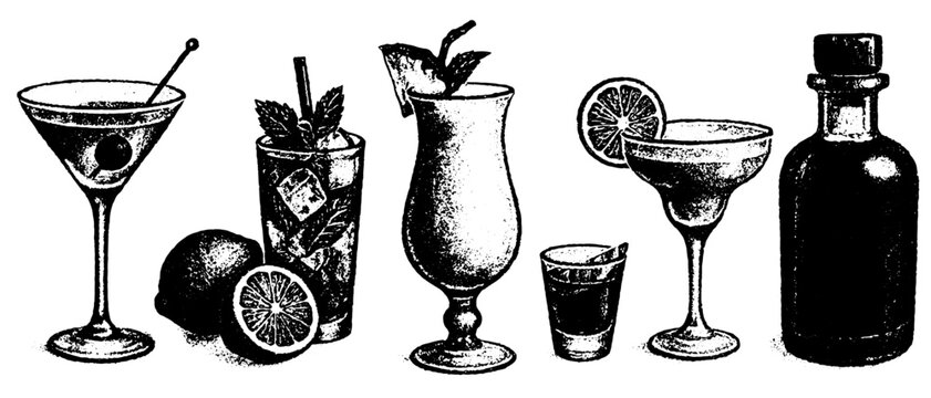 Classic cocktail and bottle set, xerography halftone photocopy art, black and white bar collection, isolated on transparent background