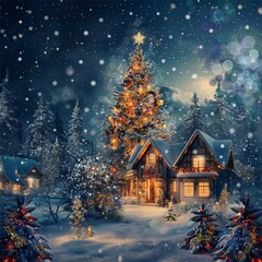 Christmas night in forest with decorated houses and Christmas tree with lights, holiday card 