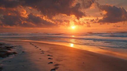 Obraz premium Cross on beach with footprints at sunset concept. A serene sunset over the ocean with footprints on the beach.