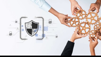 A dynamic image depicting diverse hands working together to hold wooden gears, symbolizing collaboration and security in technology and innovation. Raster