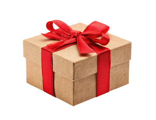 A light beige gift box, square-shaped, is adorned with a red ribbon bow