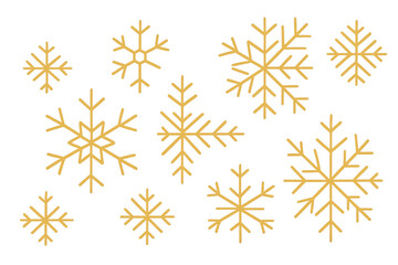 Golden snowflakes on transparent background, creating a festive winter pattern and holiday decoration