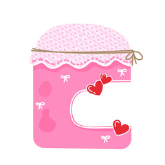 Pink Jam Jar with Hearts, Lace, and Blank Label.