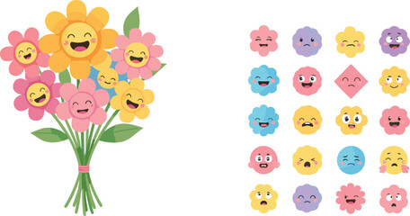 Cartoon flower bouquet with smiling faces, colorful emotions, cute floral expressions, happy character design, playful kids illustration, emotional icons