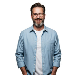 Fototapeta premium Smiling man wearing glasses and denim shirt with white t-shirt underneath portrait isolated on transparent background