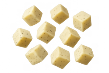 Cheese cubes with herbs falling and floating on transparent background, dairy snack for appetizer or a meal ingredient