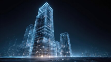 Futuristic skyscraper wireframe with digital complexity concept. Futuristic city skyline with digital glowing skyscrapers at night.