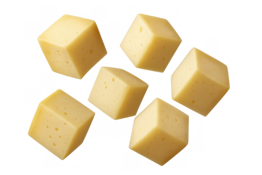 Cheese cubes flying and falling, yellow dairy appetizer, ingredient for cooking, transparent background