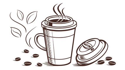 Coffee cup with steam and coffee beans