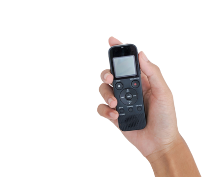 An Asian hand holding a black voice recorder device isolated on a white background, suitable for illustrating technology, audio recording, journalism, or digital sound equipment.