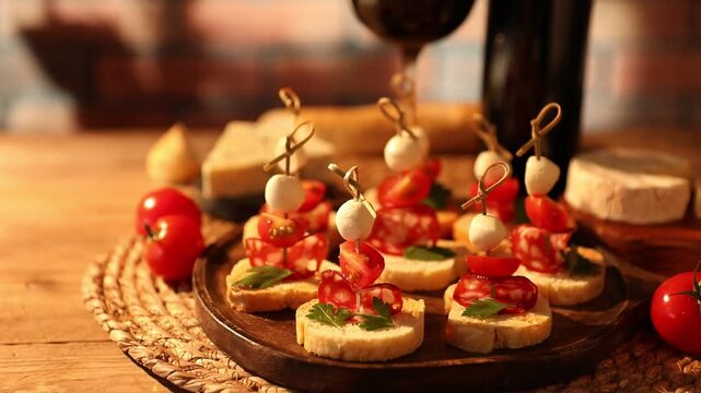 Woman putting delicious bruschetta with salami and mozzarella on wooden table, closeup