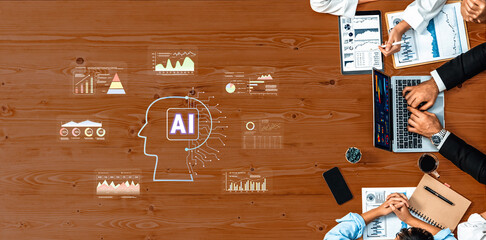 A vibrant workspace showcasing a collaborative team engaging with artificial intelligence concepts. Data analysis and business charts enhance creativity and innovation. Trope
