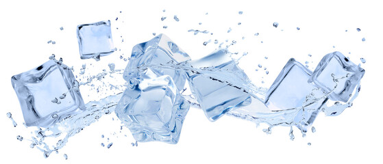 Ice cubes and splashing water in air on white background