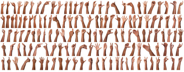 Set of hand gestures on white background. African american man showing arm, closeup