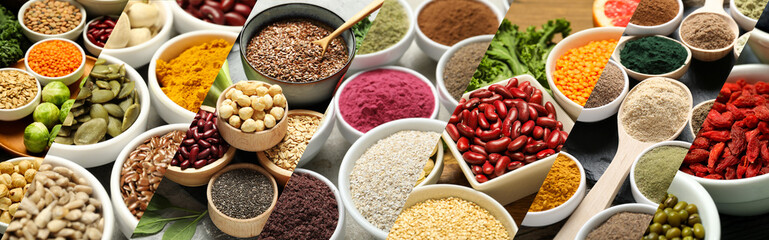 Superfood. Different food products and powders, collage