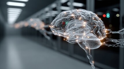 Conceptual rendering of a human brain with neural connections and data center background