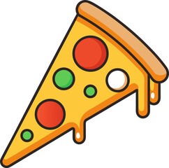 a flat-style vector icon of a slice of pizza with melted cheese and pepperoni, bright colors, no background.