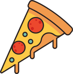 a flat-style vector icon of a slice of pizza with melted cheese and pepperoni, bright colors, no background.