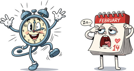 Cartoon alarm clock dancing, sleepy February calendar, Valentine's Day humor, morning wakeup concept, cute characters, funny illustration, time and date
