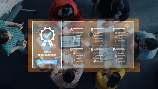 Diverse group of individuals gathered around a table celebrating a significant achievement, showcasing their teamwork and successful completion of tasks with a digital certificate. Trope