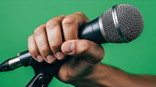 Hand holding professional microphone on green screen background for voiceover recording