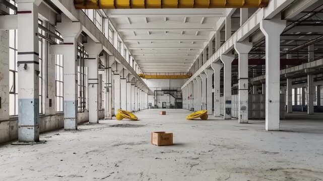 Empty Industrial Hall: Vast Interior with Columns, Boxes, and Yellow Objects in Abandoned Factory