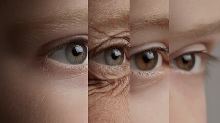 Compare under-eye bags at different ages, showing the appearance of under-eye bags and thinning skin.